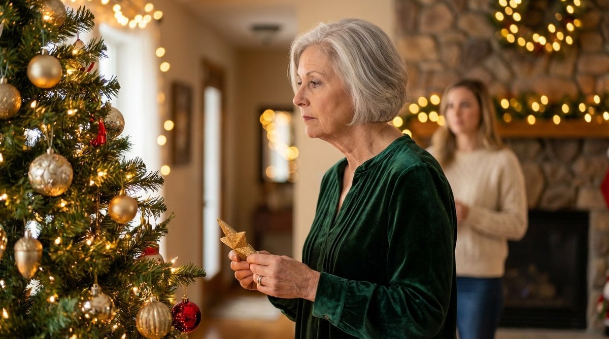 Ältere Frau am Weihnachtsbaum